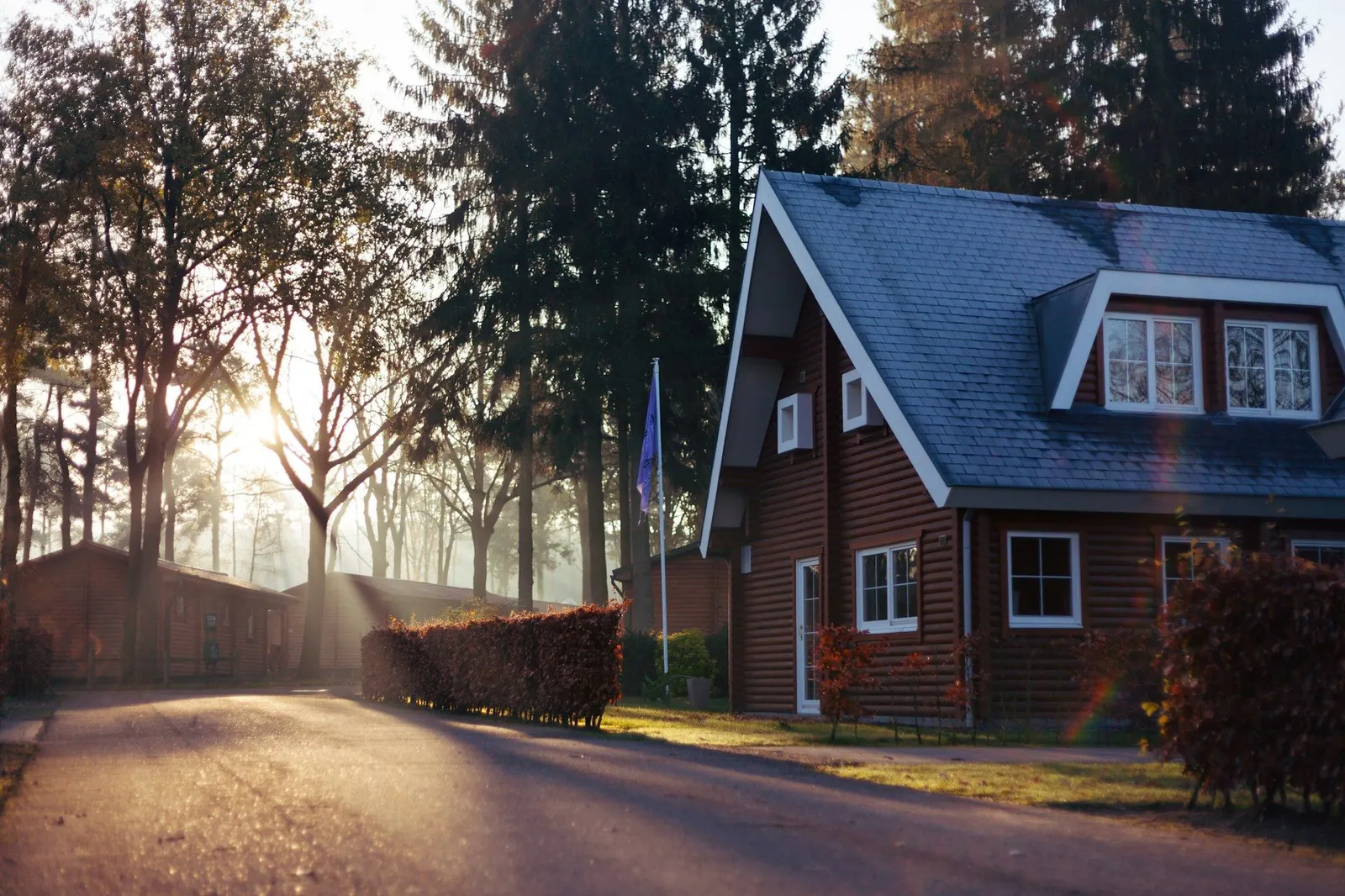 Mørkbrun trebolig med hvite vinduer og skifertak i morgensol, omgitt av høye trær