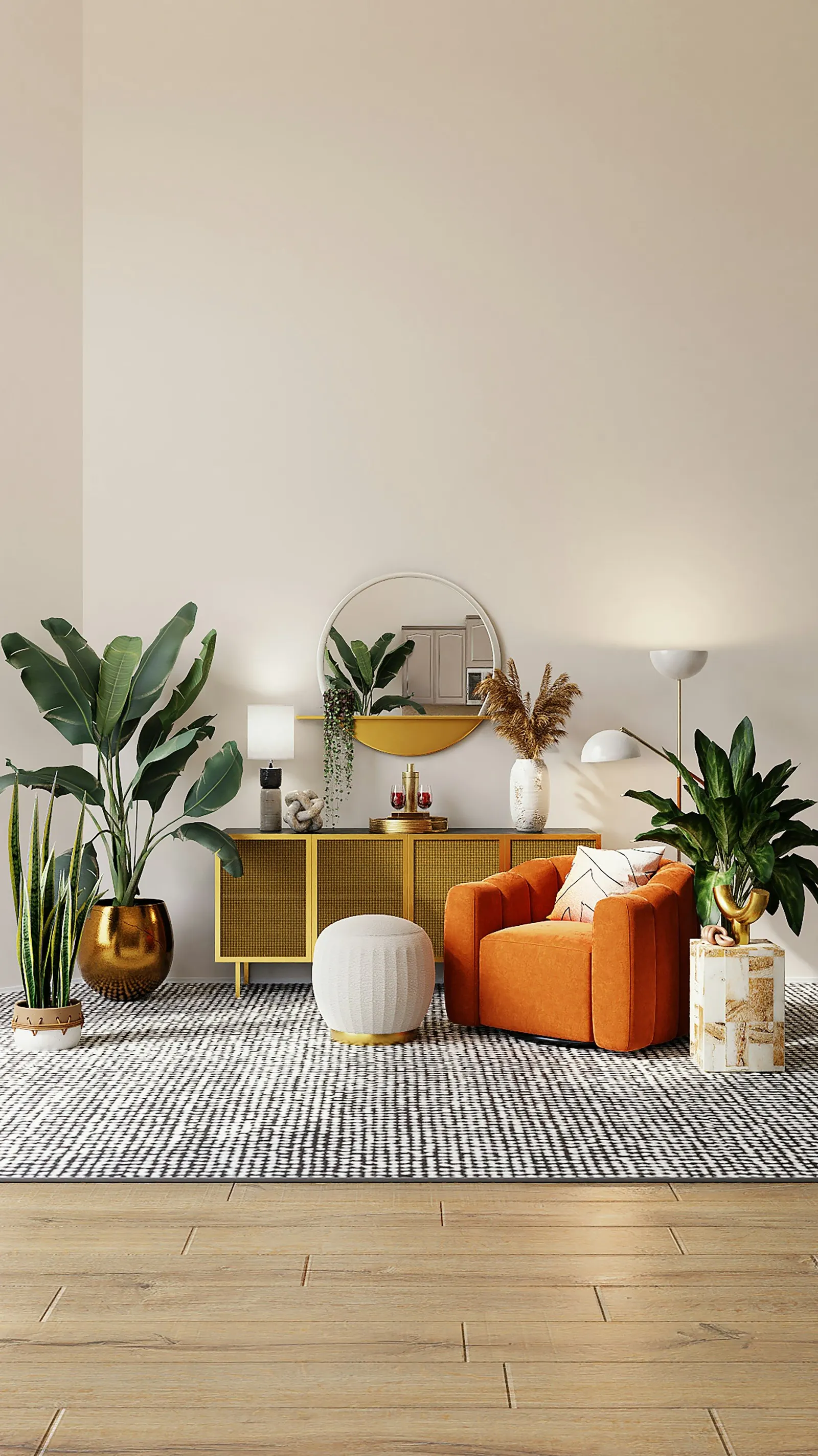 Stue med planter og oransje lenestol
