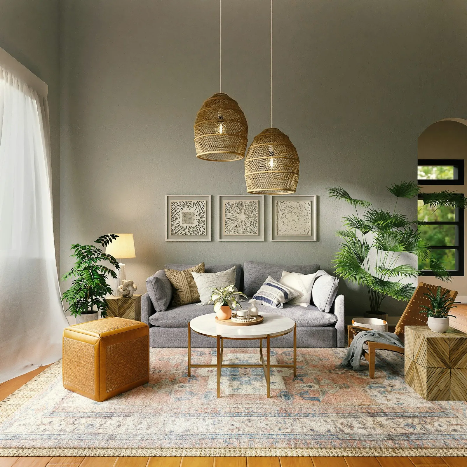 Stue med rottinglamper og planter